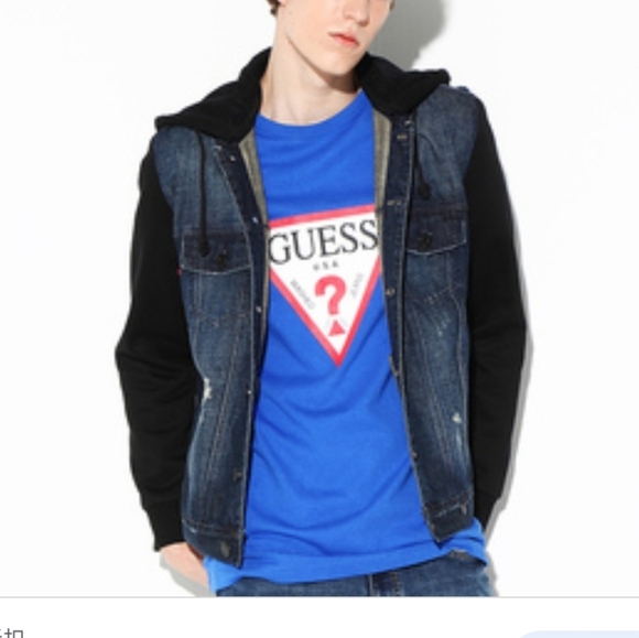 Guess (Size L) Dark Wash Distressed Denim & Hooded Combo Sweater Jacket - Picture 1 of 9